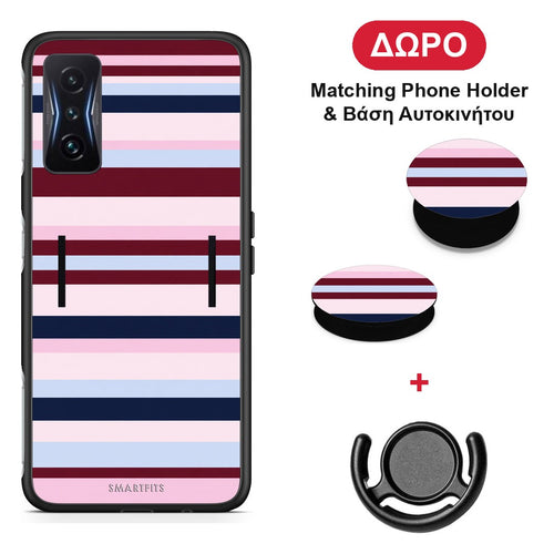 Burgundy Pink and Blue Horizontal Stripes - Xiaomi Poco F4 GT θήκη + Δώρο Phone Holder & Βάση Αυτοκινήτου