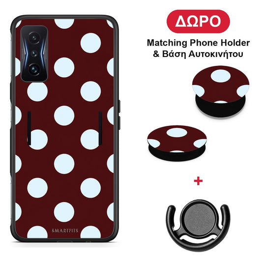 Pale Blue Large Polka Dots on Burgundy - Xiaomi Poco F4 GT θήκη + Δώρο Phone Holder & Βάση Αυτοκινήτου