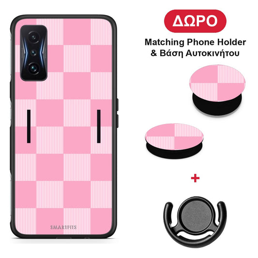 Pink and White Striped Checks - Xiaomi Poco F4 GT θήκη + Δώρο Phone Holder & Βάση Αυτοκινήτου