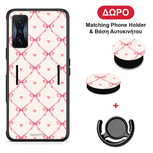 Pink Bow Lattice and Hearts on Cream - Xiaomi Poco F4 GT θήκη + Δώρο Phone Holder & Βάση Αυτοκινήτου