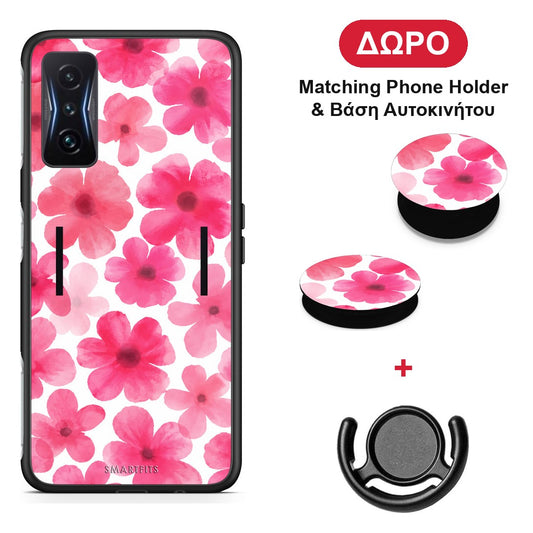 Pink Watercolour Flowers on White - Xiaomi Poco F4 GT θήκη + Δώρο Phone Holder & Βάση Αυτοκινήτου