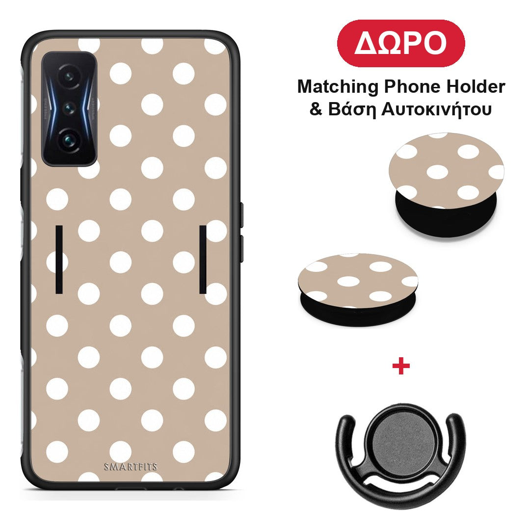 White Polka Dots on Taupe - Xiaomi Poco F4 GT θήκη + Δώρο Phone Holder & Βάση Αυτοκινήτου