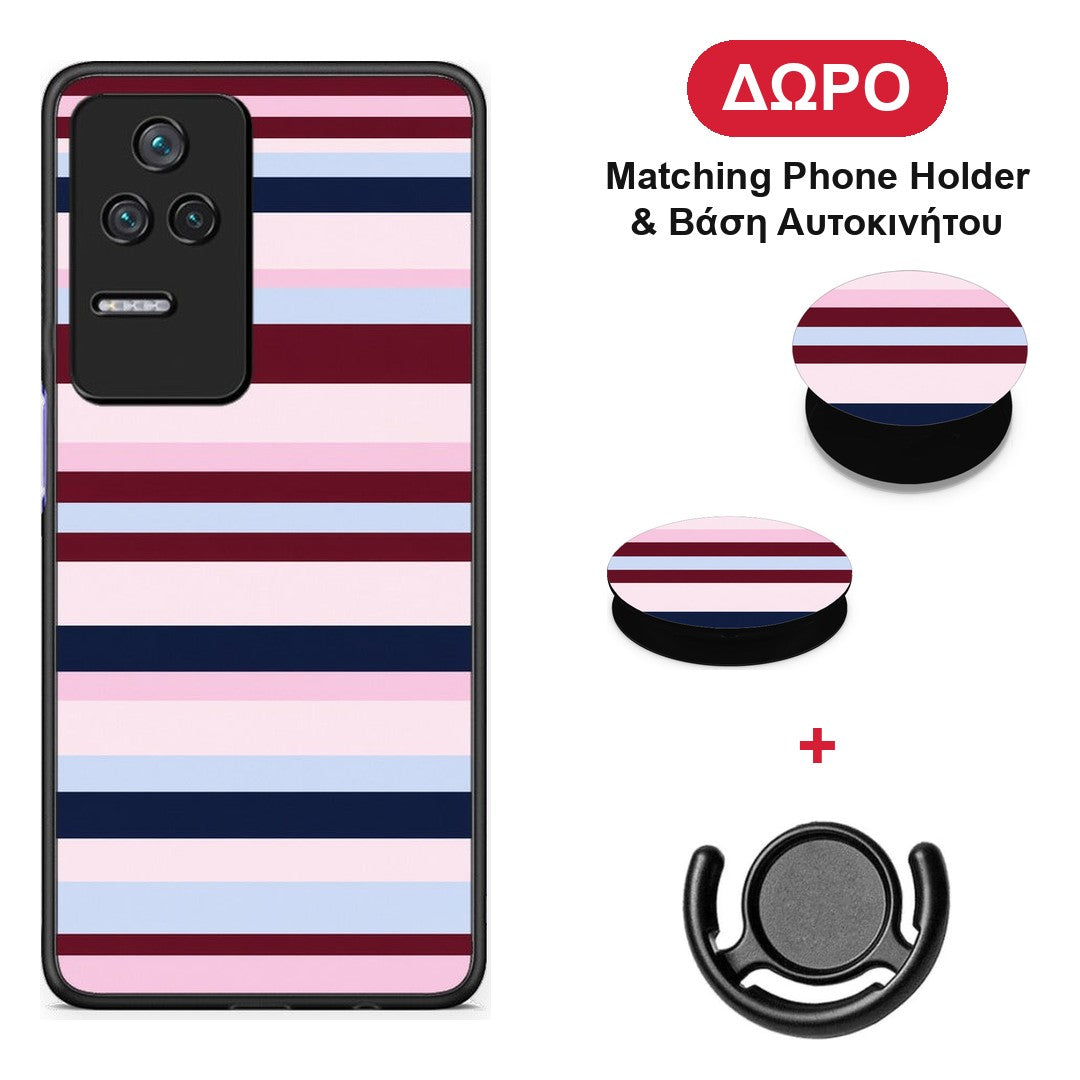 Burgundy Pink and Blue Horizontal Stripes - Xiaomi Poco F4 / Redmi K40S θήκη + Δώρο Phone Holder & Βάση Αυτοκινήτου