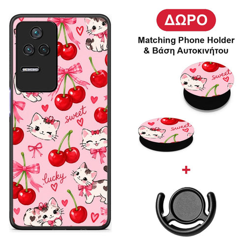 Cherries Bows and Kittens on Pink - Xiaomi Poco F4 / Redmi K40S θήκη + Δώρο Phone Holder & Βάση Αυτοκινήτου