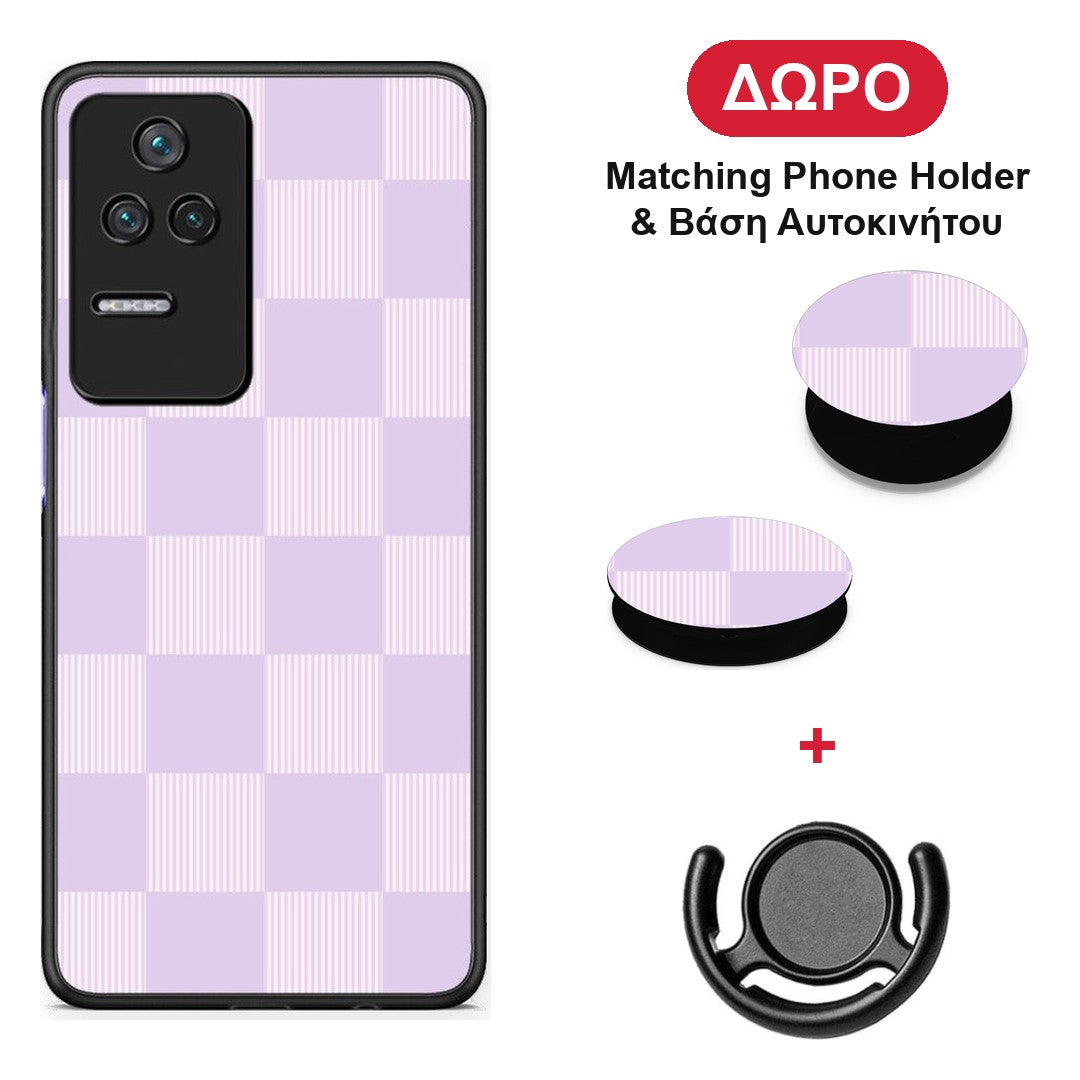 Lilac and Cream Striped Checks - Xiaomi Poco F4 / Redmi K40S θήκη + Δώρο Phone Holder & Βάση Αυτοκινήτου