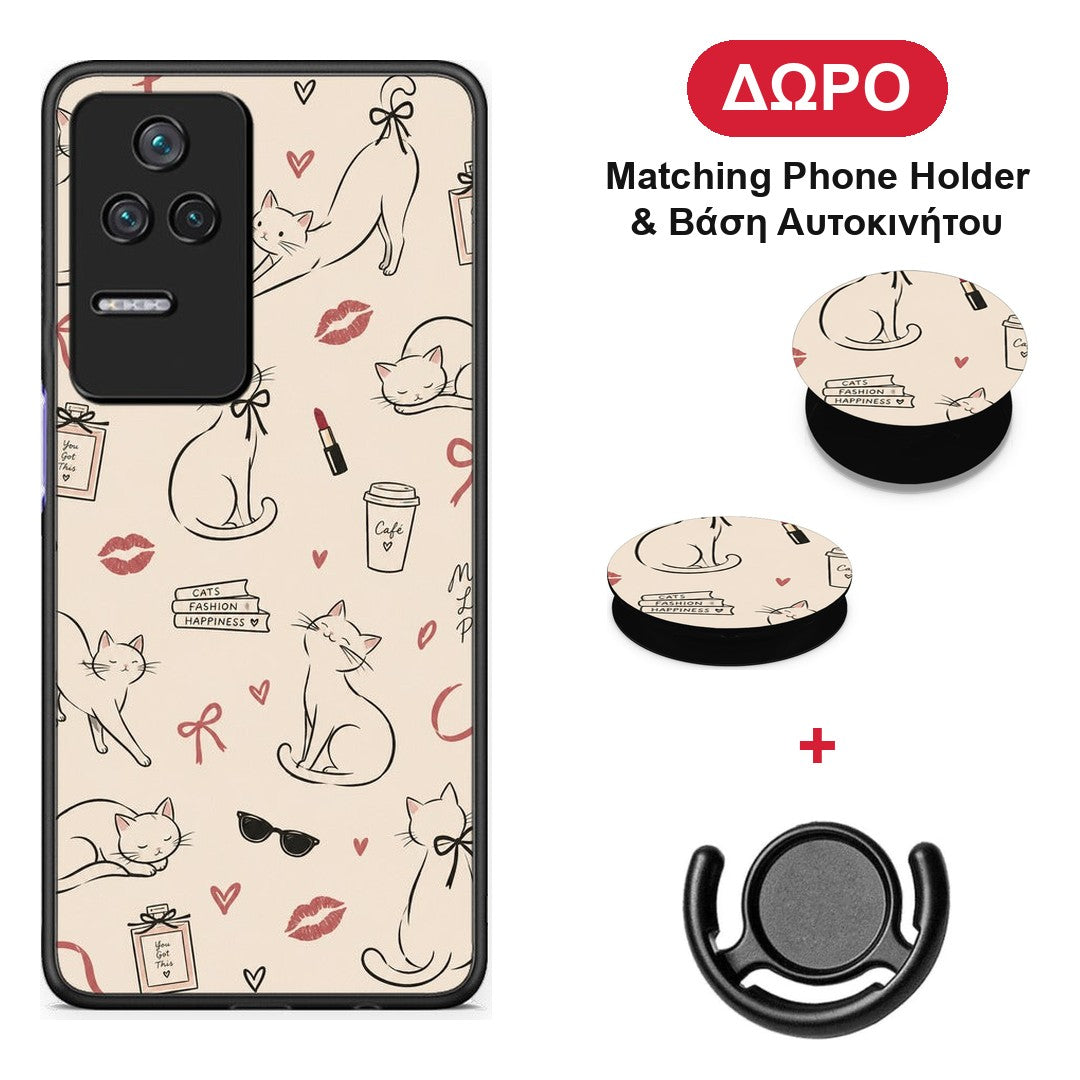 Minimal Cat and Fashion Doodles on Cream - Xiaomi Poco F4 / Redmi K40S θήκη + Δώρο Phone Holder & Βάση Αυτοκινήτου