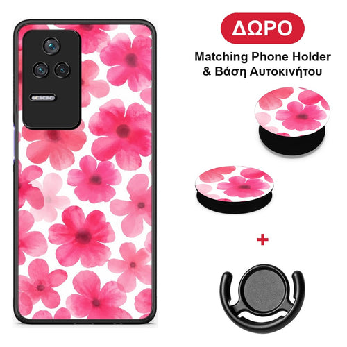 Pink Watercolour Flowers on White - Xiaomi Poco F4 / Redmi K40S θήκη + Δώρο Phone Holder & Βάση Αυτοκινήτου