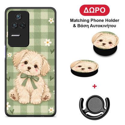 Puppy and Daisies on Sage Gingham - Xiaomi Poco F4 / Redmi K40S θήκη + Δώρο Phone Holder & Βάση Αυτοκινήτου
