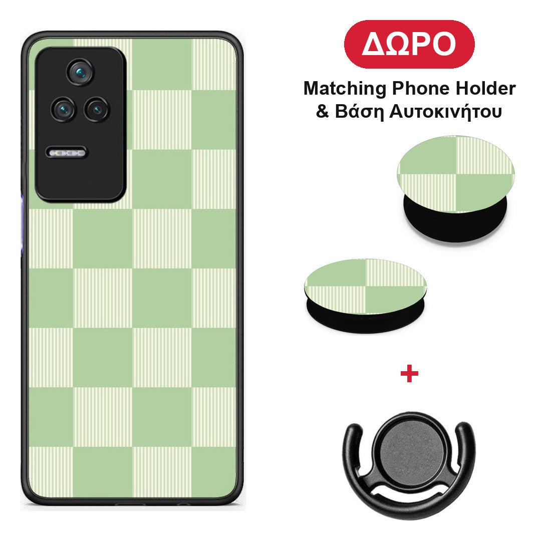 Sage and Cream Striped Checks - Xiaomi Poco F4 / Redmi K40S θήκη + Δώρο Phone Holder & Βάση Αυτοκινήτου