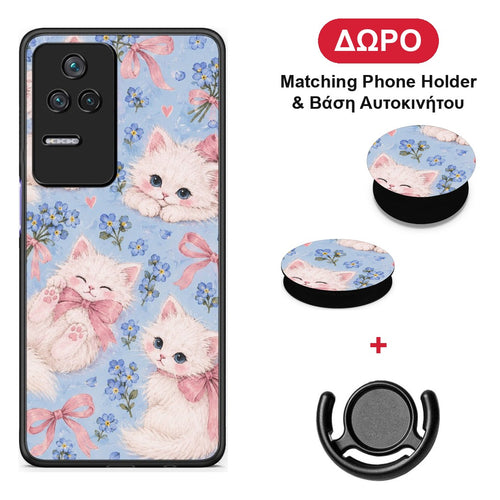 White Kittens and Blue Flowers Large - Xiaomi Poco F4 / Redmi K40S θήκη + Δώρο Phone Holder & Βάση Αυτοκινήτου