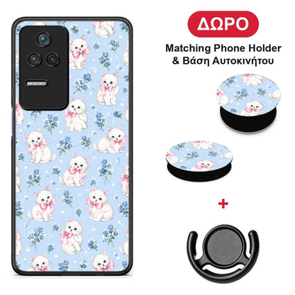 White Kittens and Blue Flowers Small - Xiaomi Poco F4 / Redmi K40S θήκη + Δώρο Phone Holder & Βάση Αυτοκινήτου