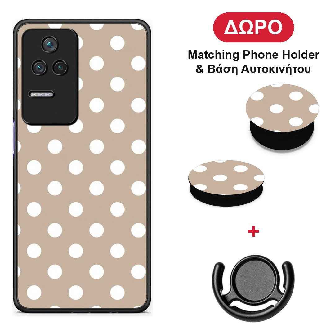 White Polka Dots on Taupe - Xiaomi Poco F4 / Redmi K40S θήκη + Δώρο Phone Holder & Βάση Αυτοκινήτου