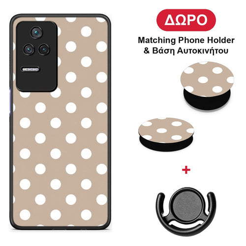 White Polka Dots on Taupe - Xiaomi Poco F4 / Redmi K40S θήκη + Δώρο Phone Holder & Βάση Αυτοκινήτου