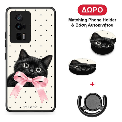 Black Kitten Pink Bow and Polka Dots - Xiaomi Poco F5 Pro / Redmi K60 Pro θήκη + Δώρο Phone Holder & Βάση Αυτοκινήτου