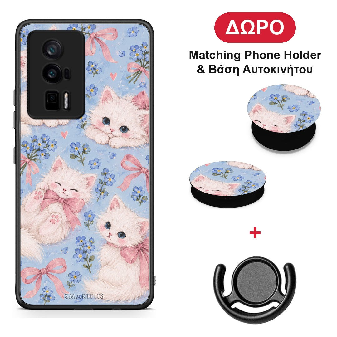 White Kittens and Blue Flowers Large - Xiaomi Poco F5 Pro / Redmi K60 Pro θήκη + Δώρο Phone Holder & Βάση Αυτοκινήτου