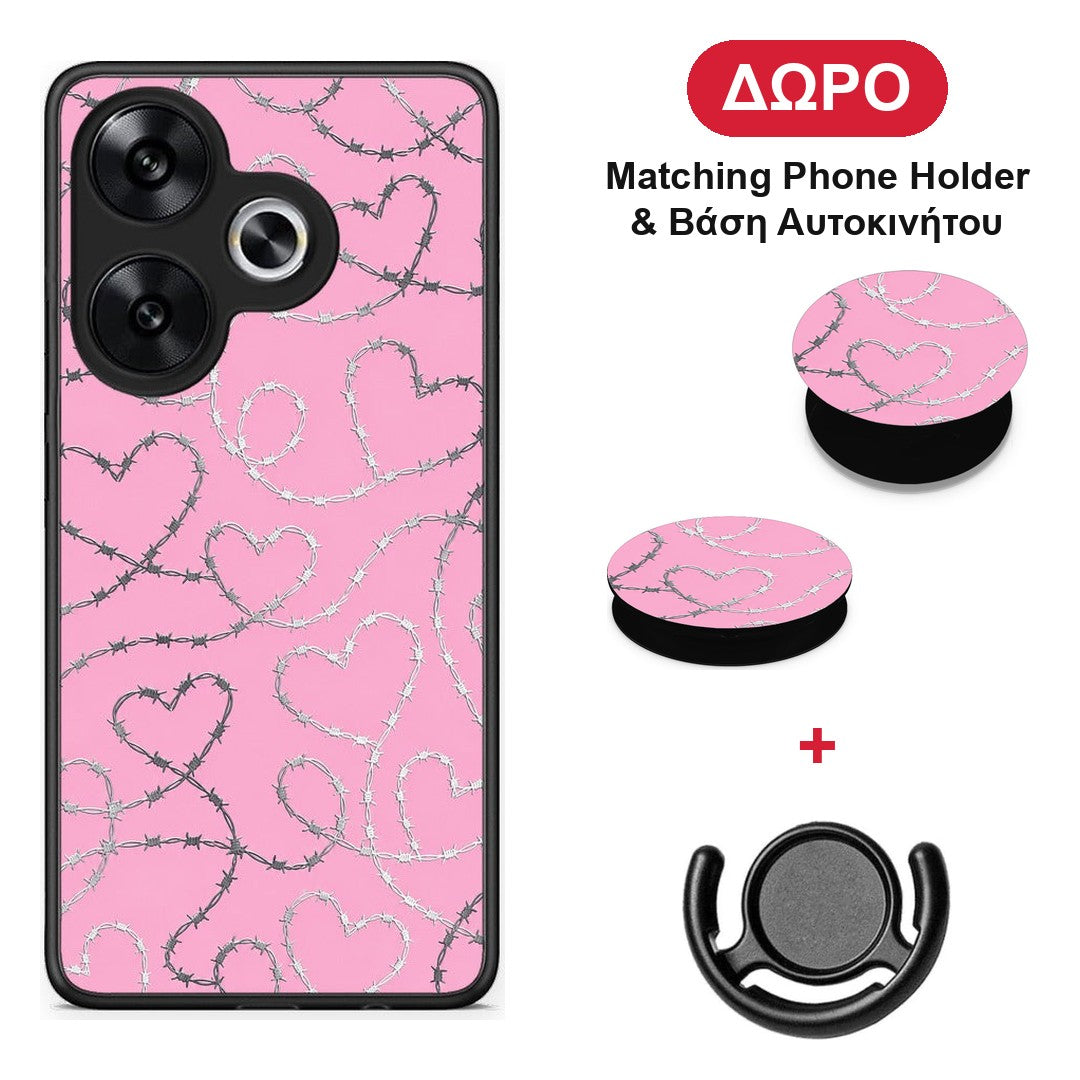 Barbed Wire Hearts on Pink - Xiaomi Poco F6 θήκη + Δώρο Phone Holder & Βάση Αυτοκινήτου