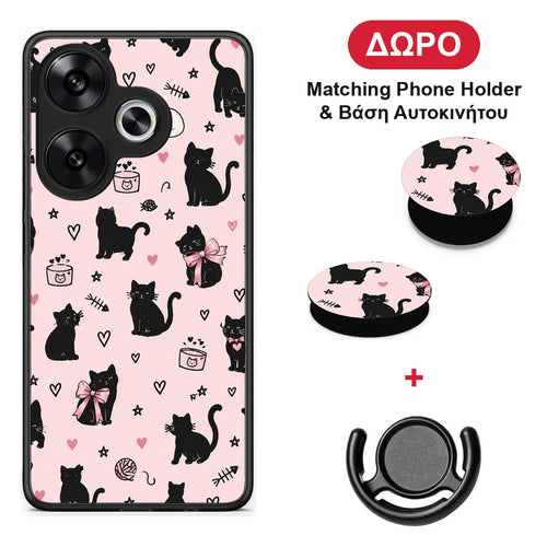 Black Cat Doodles on Pink - Xiaomi Poco F6 θήκη + Δώρο Phone Holder & Βάση Αυτοκινήτου