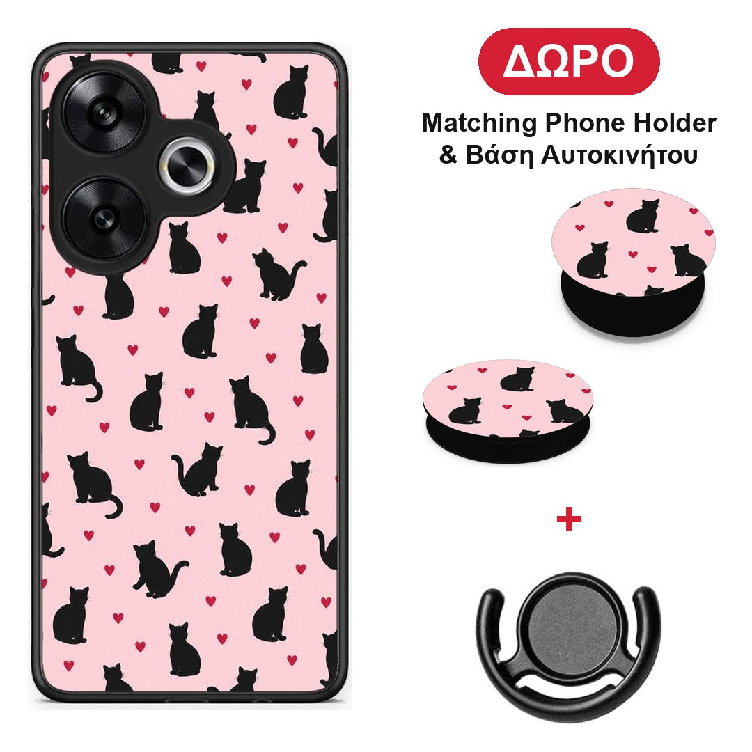 Black Cat Silhouettes and Hearts on Pink - Xiaomi Poco F6 θήκη + Δώρο Phone Holder & Βάση Αυτοκινήτου