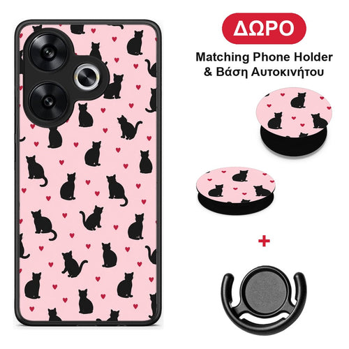 Black Cat Silhouettes and Hearts on Pink - Xiaomi Poco F6 θήκη + Δώρο Phone Holder & Βάση Αυτοκινήτου