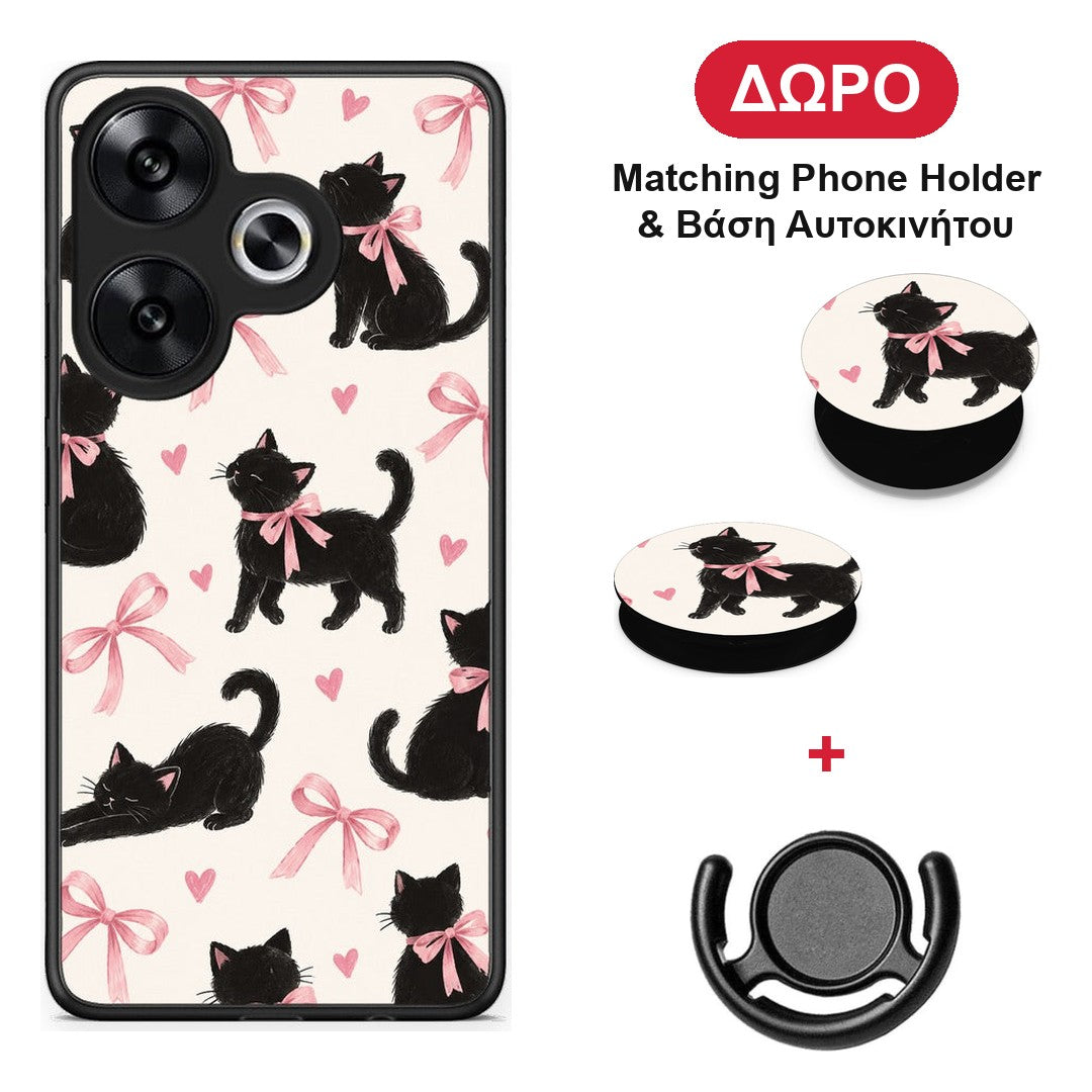 Black Kittens and Pink Bows on Cream Large - Xiaomi Poco F6 θήκη + Δώρο Phone Holder & Βάση Αυτοκινήτου