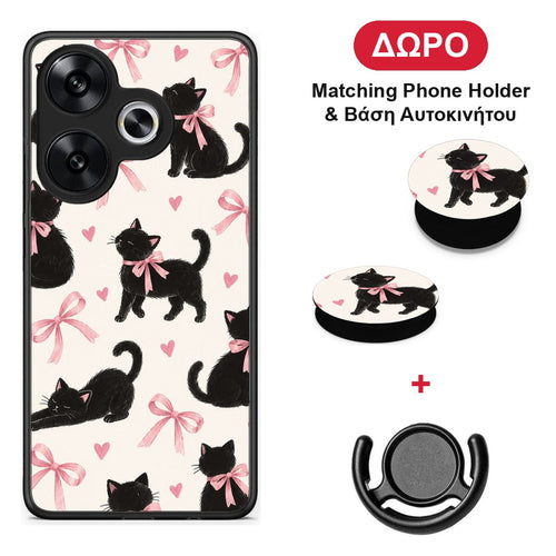 Black Kittens and Pink Bows on Cream Large - Xiaomi Poco F6 θήκη + Δώρο Phone Holder & Βάση Αυτοκινήτου