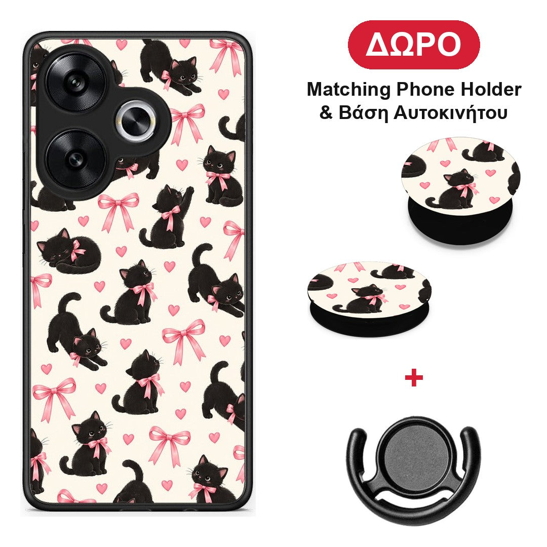 Black Kittens and Pink Bows on Cream Small - Xiaomi Poco F6 θήκη + Δώρο Phone Holder & Βάση Αυτοκινήτου
