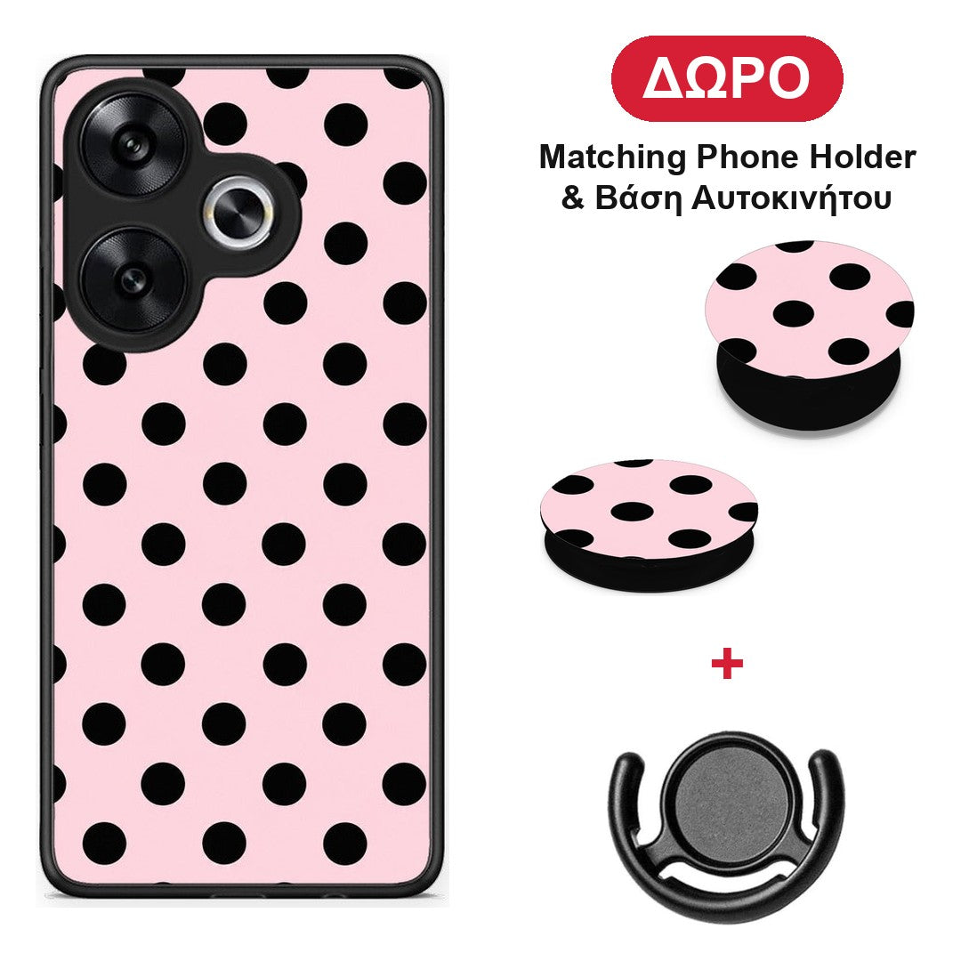 Black Polka Dots on Pink - Xiaomi Poco F6 θήκη + Δώρο Phone Holder & Βάση Αυτοκινήτου