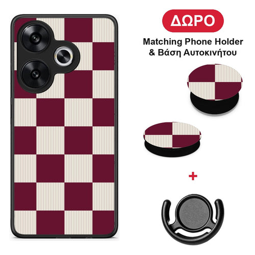 Burgundy and Cream Striped Checks - Xiaomi Poco F6 θήκη + Δώρο Phone Holder & Βάση Αυτοκινήτου