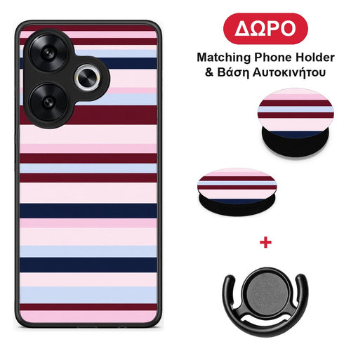 Burgundy Pink and Blue Horizontal Stripes - Xiaomi Poco F6 θήκη + Δώρο Phone Holder & Βάση Αυτοκινήτου