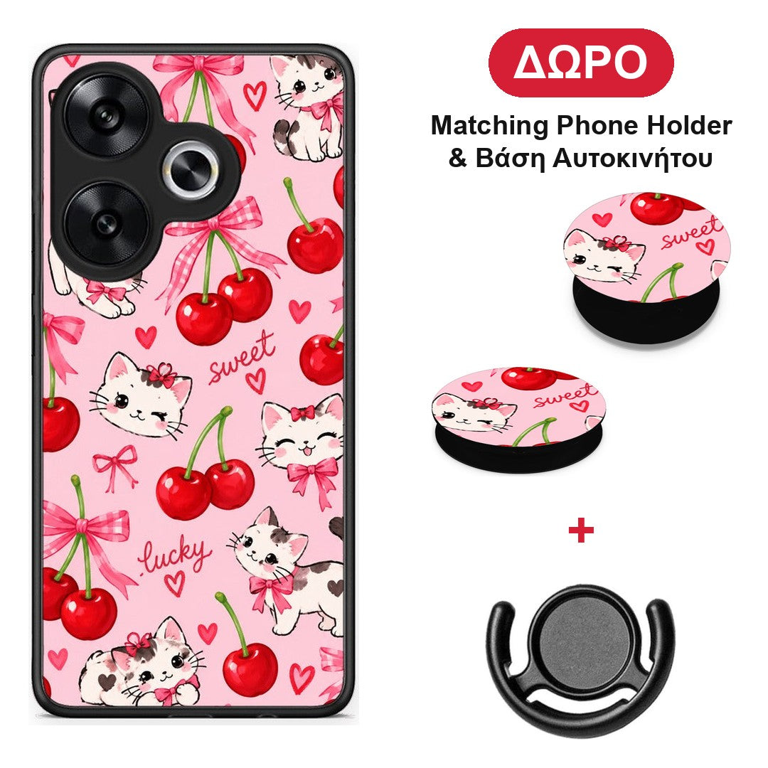 Cherries Bows and Kittens on Pink - Xiaomi Poco F6 θήκη + Δώρο Phone Holder & Βάση Αυτοκινήτου