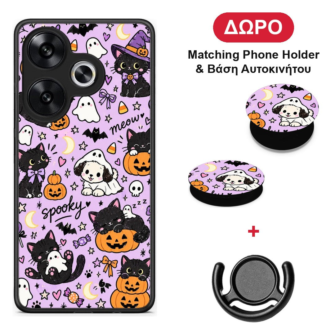 Halloween Black Cats on Lilac - Xiaomi Poco F6 θήκη + Δώρο Phone Holder & Βάση Αυτοκινήτου