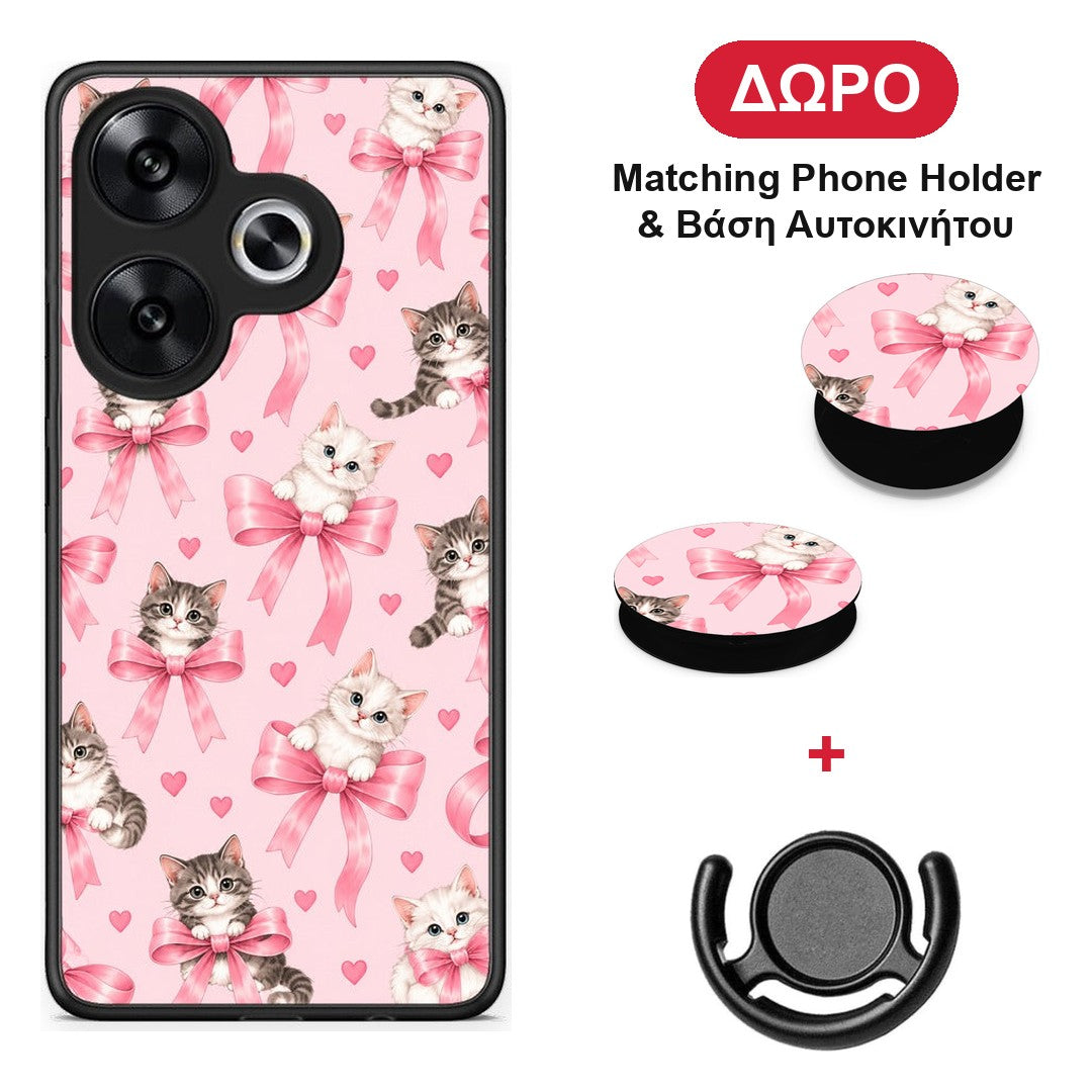 Kittens and Pink Bows on Pink - Xiaomi Poco F6 θήκη + Δώρο Phone Holder & Βάση Αυτοκινήτου