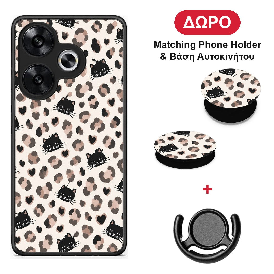 Leopard Spots and Black Cats on Cream - Xiaomi Poco F6 θήκη + Δώρο Phone Holder & Βάση Αυτοκινήτου