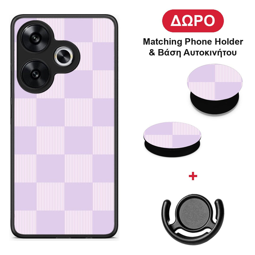 Lilac and Cream Striped Checks - Xiaomi Poco F6 θήκη + Δώρο Phone Holder & Βάση Αυτοκινήτου