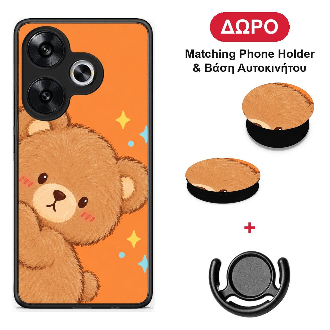 Peekaboo Teddy on Orange - Xiaomi Poco F6 θήκη + Δώρο Phone Holder & Βάση Αυτοκινήτου