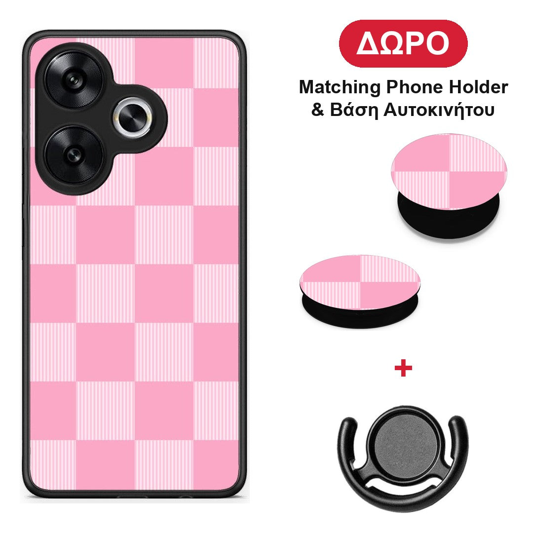 Pink and White Striped Checks - Xiaomi Poco F6 θήκη + Δώρο Phone Holder & Βάση Αυτοκινήτου
