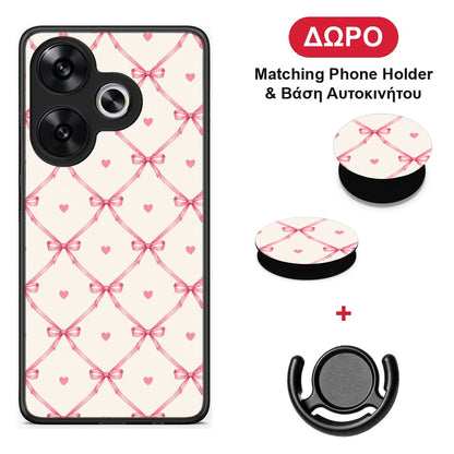 Pink Bow Lattice and Hearts on Cream - Xiaomi Poco F6 θήκη + Δώρο Phone Holder & Βάση Αυτοκινήτου