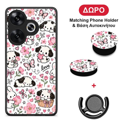Pink Florals Puppies and Bunnies on White - Xiaomi Poco F6 θήκη + Δώρο Phone Holder & Βάση Αυτοκινήτου