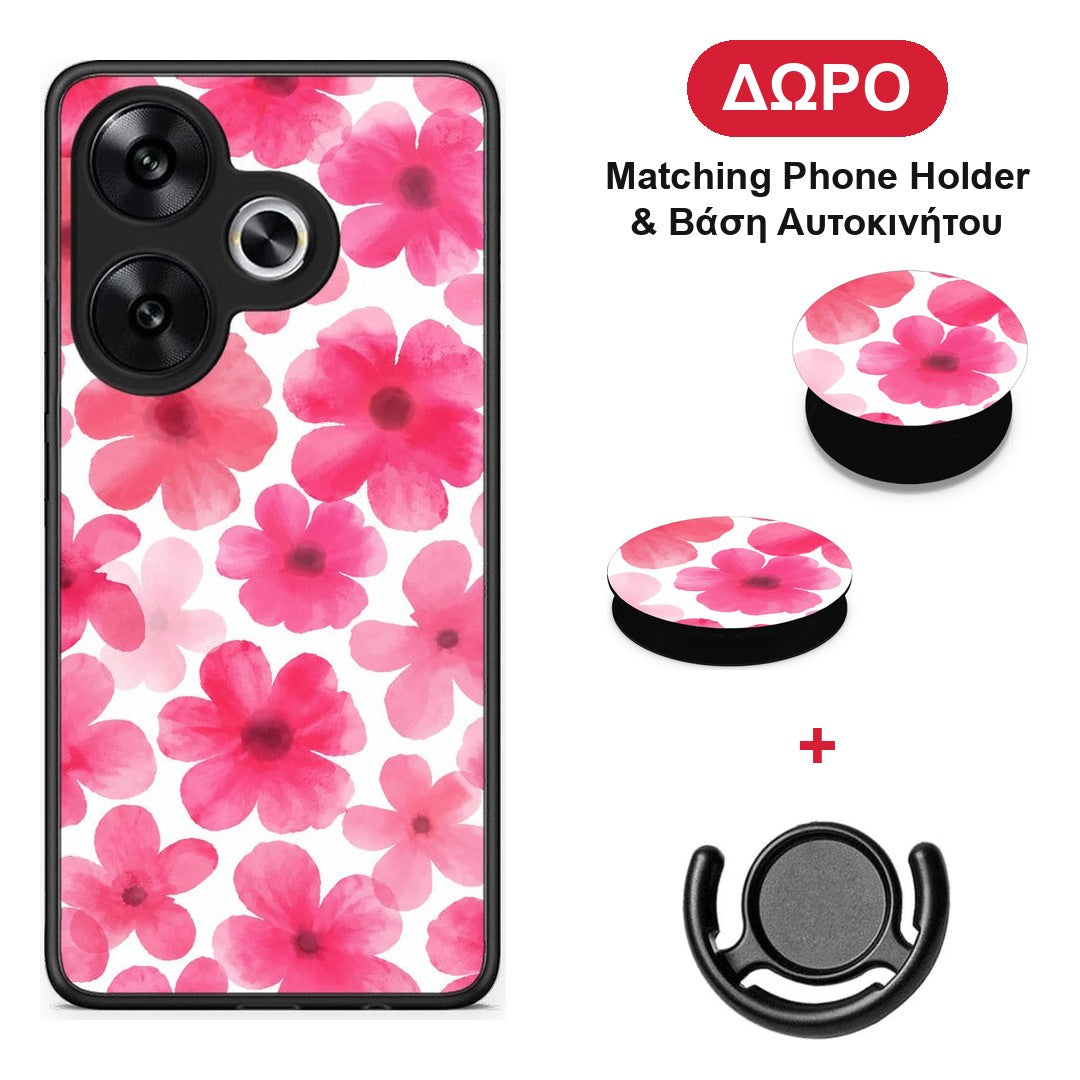 Pink Watercolour Flowers on White - Xiaomi Poco F6 θήκη + Δώρο Phone Holder & Βάση Αυτοκινήτου