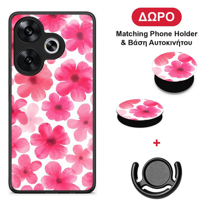 Pink Watercolour Flowers on White - Xiaomi Poco F6 θήκη + Δώρο Phone Holder & Βάση Αυτοκινήτου