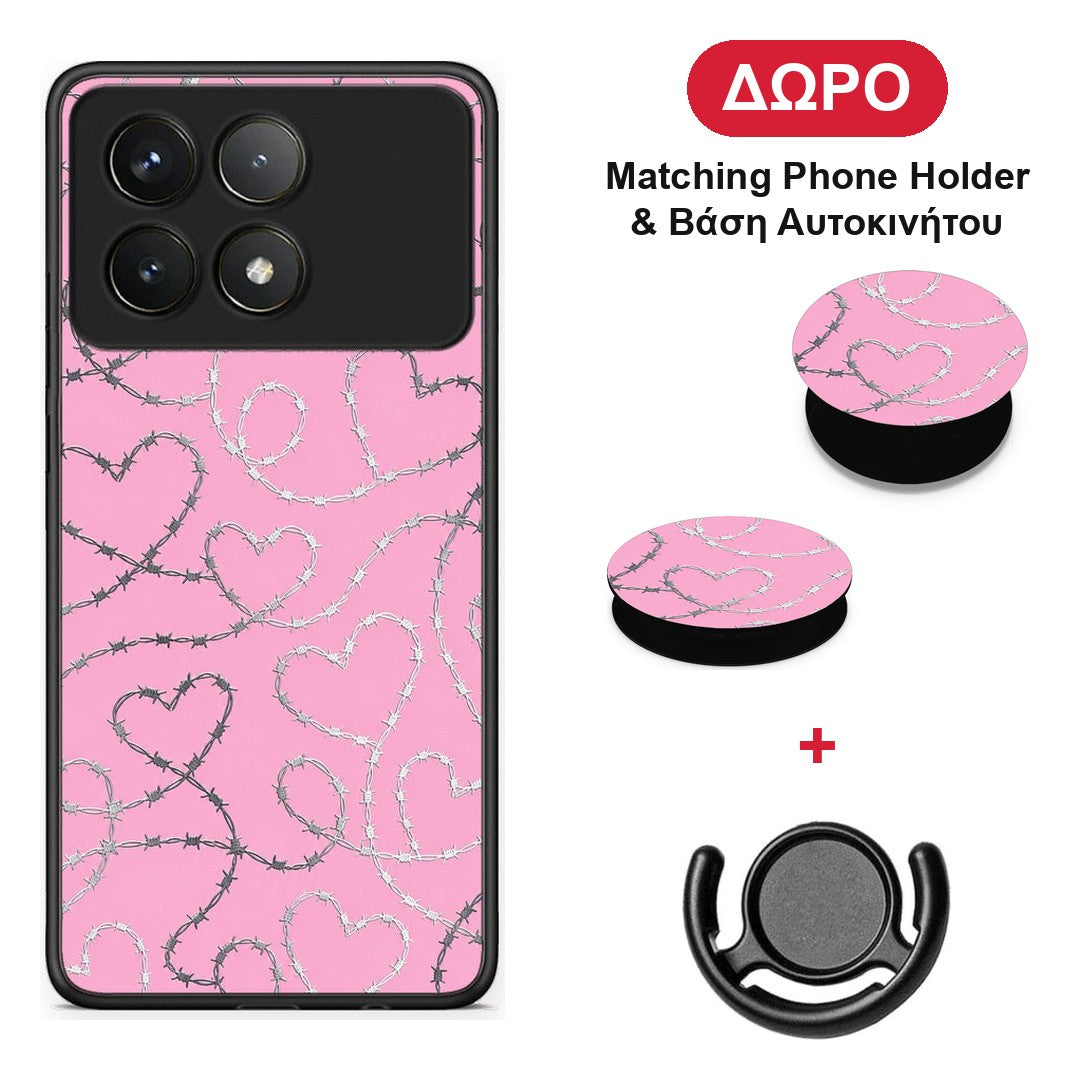 Barbed Wire Hearts on Pink - Xiaomi Poco F6 Pro 5G θήκη + Δώρο Phone Holder & Βάση Αυτοκινήτου