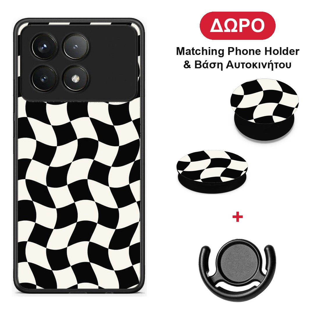 Black and Cream Wavy Checkerboard - Xiaomi Poco F6 Pro 5G θήκη + Δώρο Phone Holder & Βάση Αυτοκινήτου