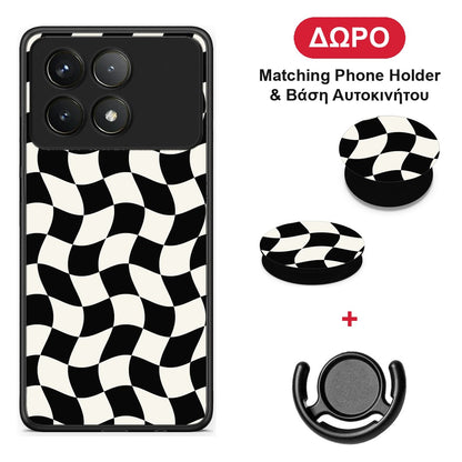 Black and Cream Wavy Checkerboard - Xiaomi Poco F6 Pro 5G θήκη + Δώρο Phone Holder & Βάση Αυτοκινήτου