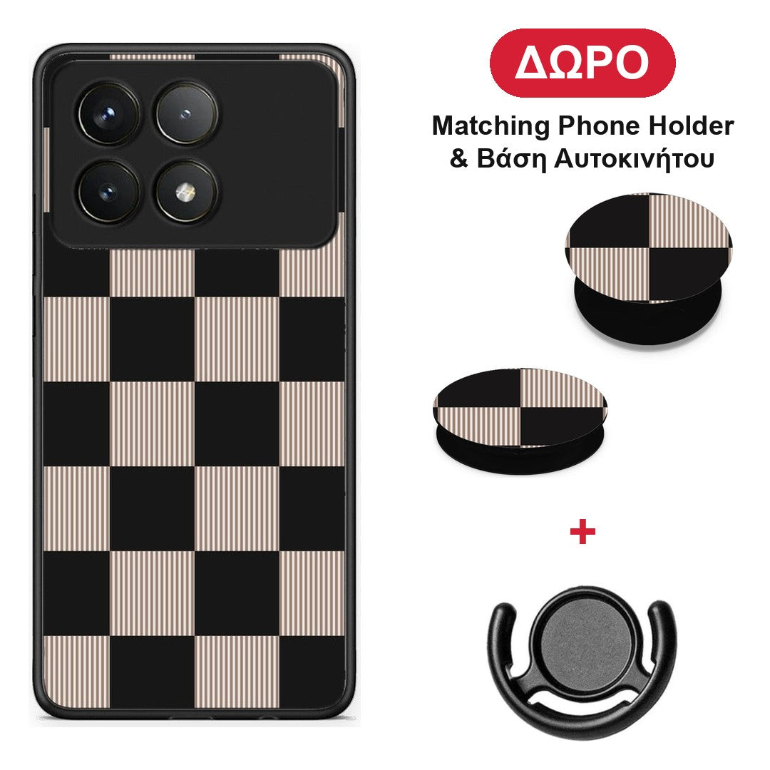 Black and Taupe Striped Checks - Xiaomi Poco F6 Pro 5G θήκη + Δώρο Phone Holder & Βάση Αυτοκινήτου