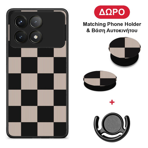 Black and Taupe Striped Checks - Xiaomi Poco F6 Pro 5G θήκη + Δώρο Phone Holder & Βάση Αυτοκινήτου
