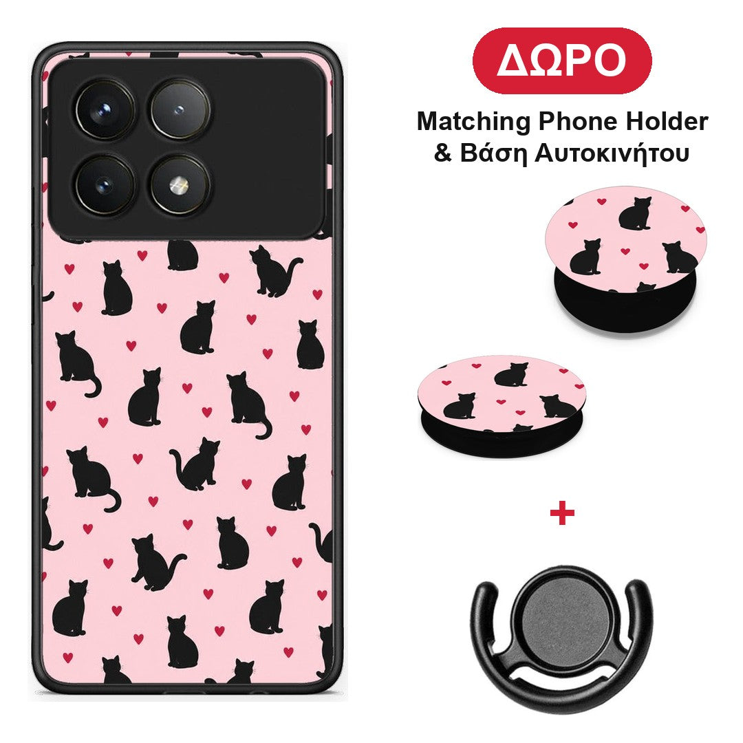 Black Cat Silhouettes and Hearts on Pink - Xiaomi Poco F6 Pro 5G θήκη + Δώρο Phone Holder & Βάση Αυτοκινήτου