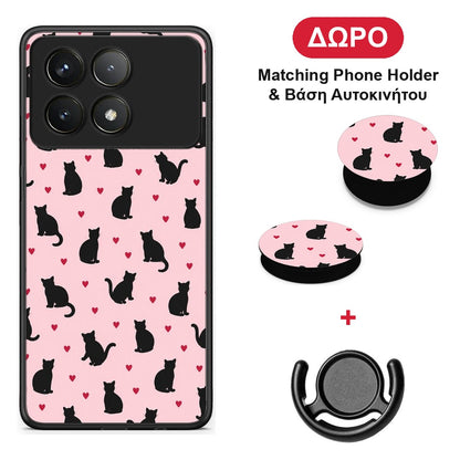 Black Cat Silhouettes and Hearts on Pink - Xiaomi Poco F6 Pro 5G θήκη + Δώρο Phone Holder & Βάση Αυτοκινήτου