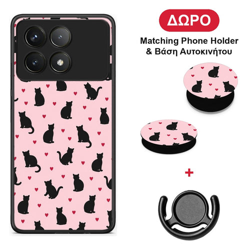 Black Cat Silhouettes and Hearts on Pink - Xiaomi Poco F6 Pro 5G θήκη + Δώρο Phone Holder & Βάση Αυτοκινήτου