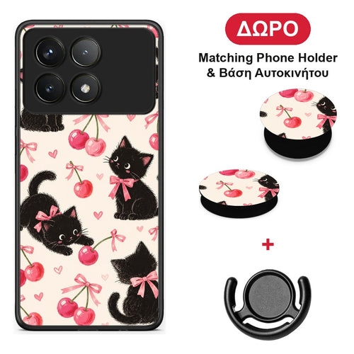 Black Kittens and Cherries on Cream - Xiaomi Poco F6 Pro 5G θήκη + Δώρο Phone Holder & Βάση Αυτοκινήτου