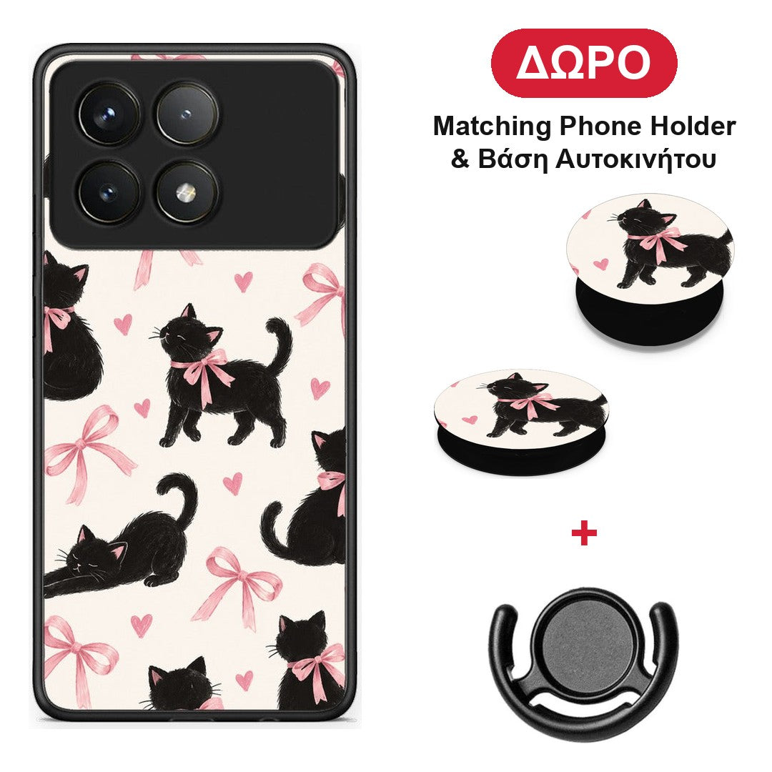 Black Kittens and Pink Bows on Cream Large - Xiaomi Poco F6 Pro 5G θήκη + Δώρο Phone Holder & Βάση Αυτοκινήτου